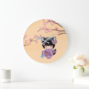 Neko Kokeshi Puppe - Mädchen mit Katzenohren und G Große Wanduhr