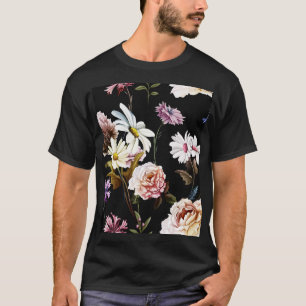 Nelke, Kamille Blume, schwarzes Muster. T-Shirt