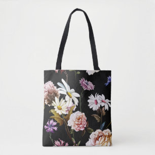Nelke, Kamille Blume, schwarzes Muster. Tasche