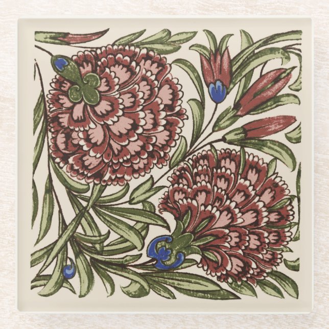 Nelken-Blumenfliese Antik Rustikal De Morgan Kunst Glasuntersetzer (Vorderseite)