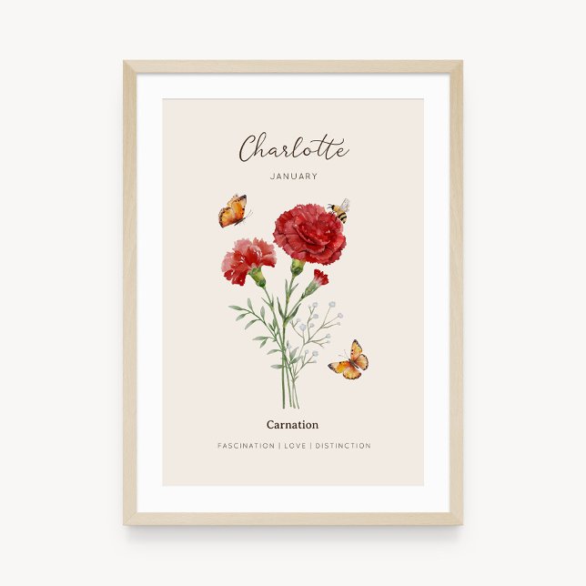 Nelken-Geburtsmonats-Blumenposter Poster (Example of carnation birth flower poster once framed. )
