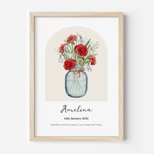 Nelken-Schneeglöckchen-Geburtsmonats-Blumenposter Poster (Personalised January Birth Month Flower Bouquet in Vase Poster | Carnation and Snowdrop.)