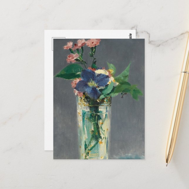 Nelken und Clematien in einer Kristallvase von Man Postkarte (Vorderseite/Rückseite Beispiel)