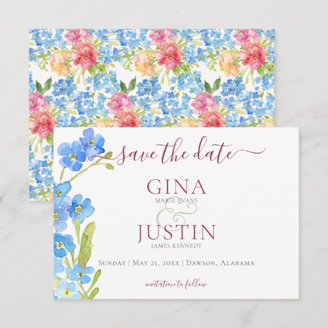 Nelken & Vergiss mich Nots Hochzeit Save The Date (Vorne/Hinten)