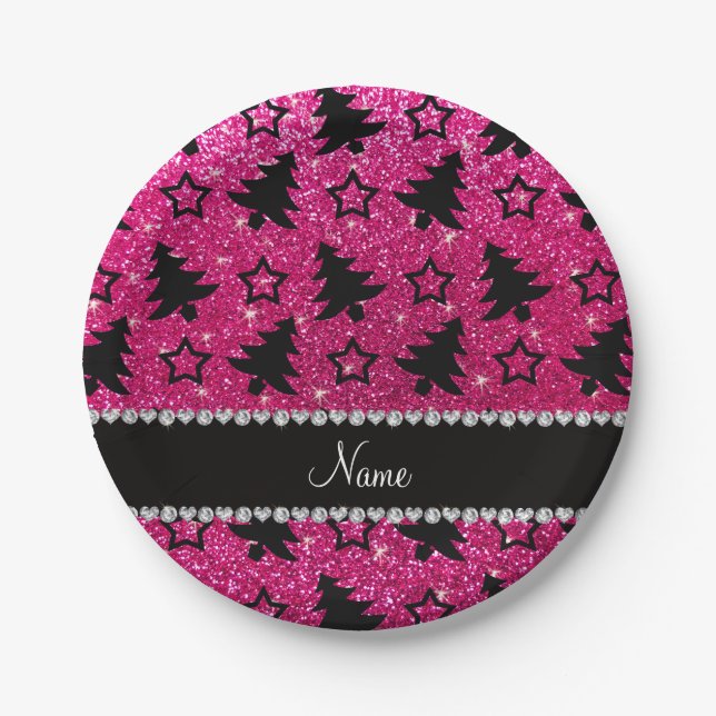 Nennen Sie Neon heißen rosa Glitzer Weihnachtsbäum Pappteller (Vorderseite)