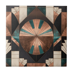 Neo-Art Deco geometrisches Türkis-Kupfer-Gold-Sonn Fliese