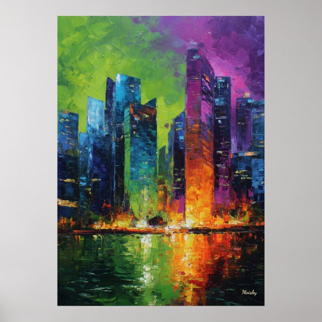 Neo Expressionist Singapore Skyline Vibrant Sunset Poster (Vorne)