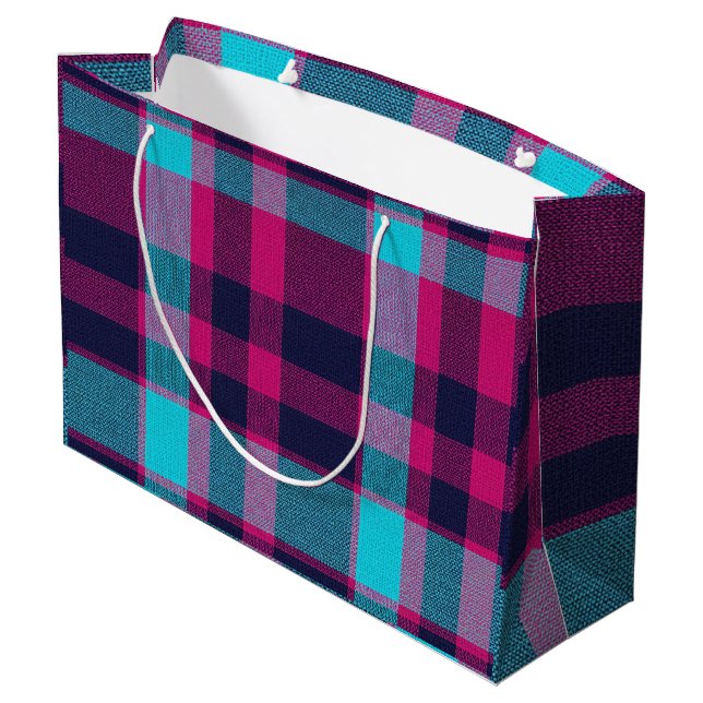 Neo-Fuchsia Plaid Große Geschenktüte (Rückseite Schrägansicht)