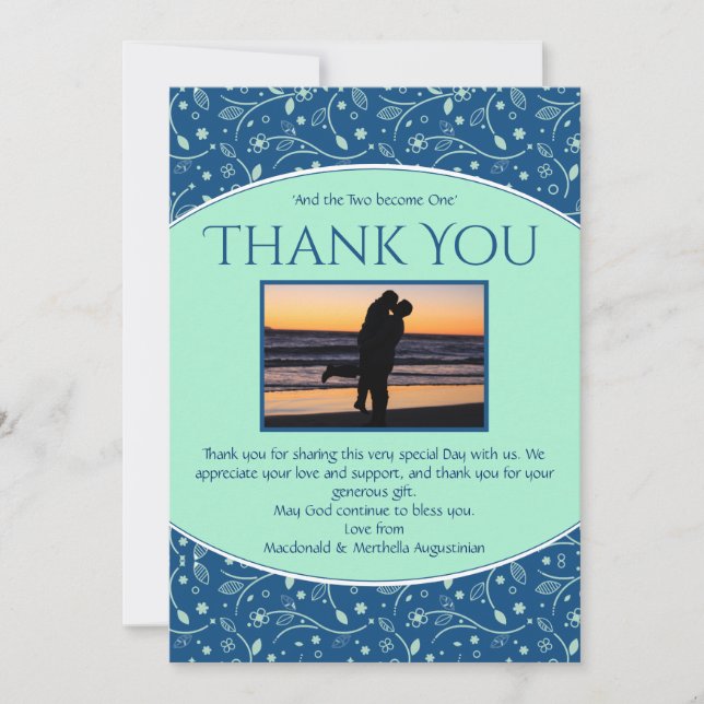 NEO MINT CLASSIC BLAU Custom Foto Modern Floral Dankeskarte (Vorderseite)