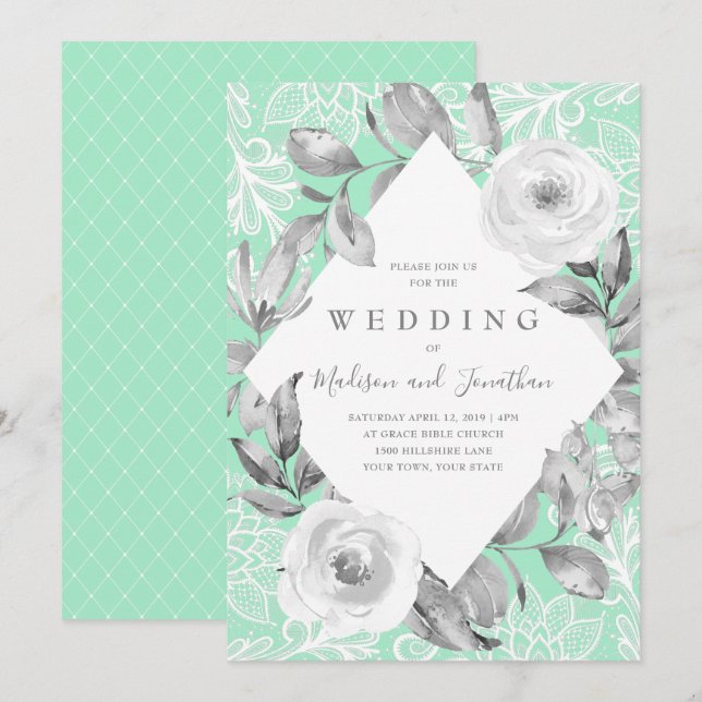Neo Mint Gray Floral Lace Hochzeit Einladung (Vorne/Hinten)