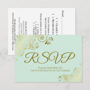 Neo Mint Green & Elegant Gold Lace Frilly Wedding RSVP Karte