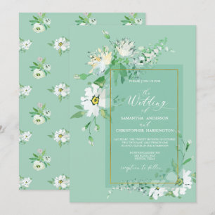 Neo Mint Green Gold Rustikal Painted Floral Weddin Einladung
