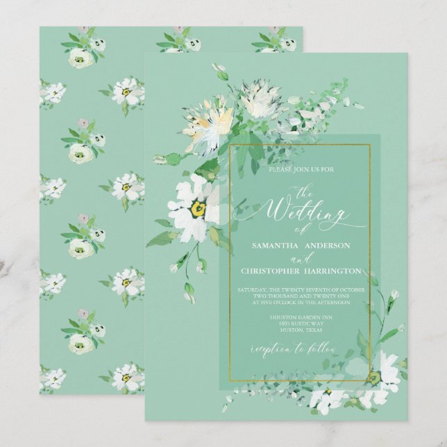 Neo Mint Green Gold Rustikale Blütenhochzeit Einladung (Vorne/Hinten)