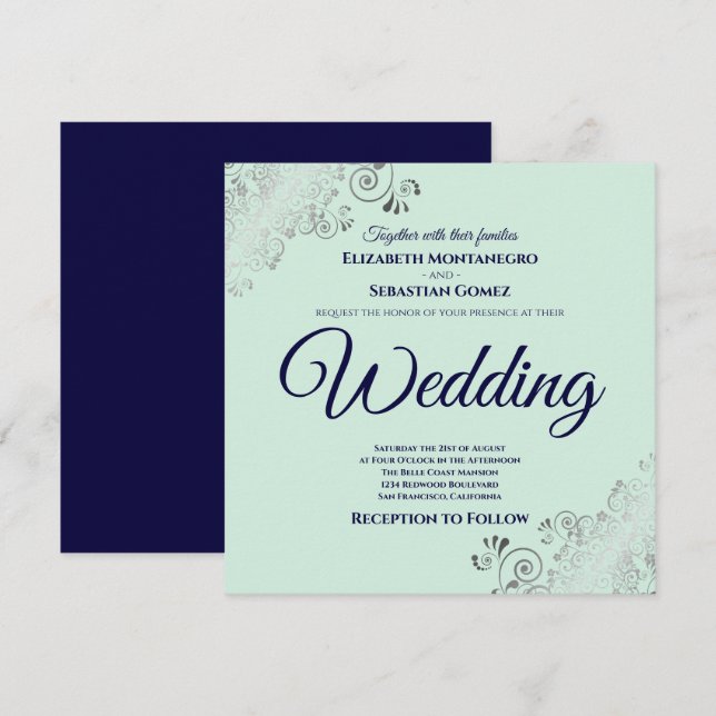 Neo Mint Green & Navy Blue Elegante Square Wedding Einladung (Vorne/Hinten)
