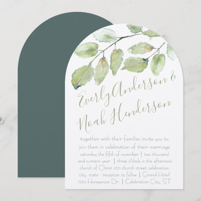 Neo Mint Greenery Typografy Hochzeit im Herbst Einladung (Vorne/Hinten)