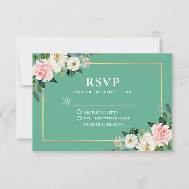 Neo Mint Pink White Floral Gold Hochzeit RSVP (Vorderseite)