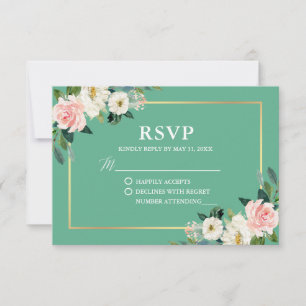 Neo Mint Pink White Floral Gold Hochzeit RSVP Karte