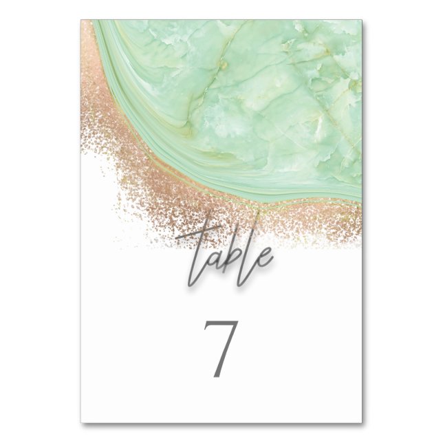 Neo mint rosegold marmoragate Kalligraphie elegant Tischnummer (Vorderseite)