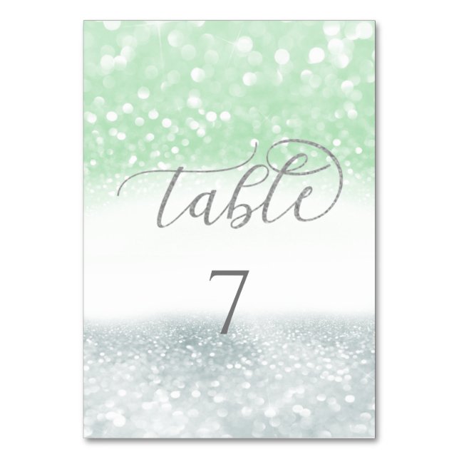 Neo mint silber-chic glittery trendy Kalligraphie Tischnummer (Vorderseite)