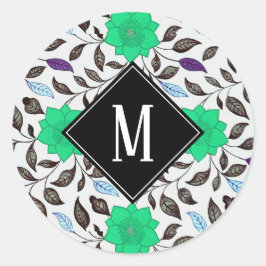 Neo Mint Vintages Blumenmohnmuster Monogramm Runder Aufkleber