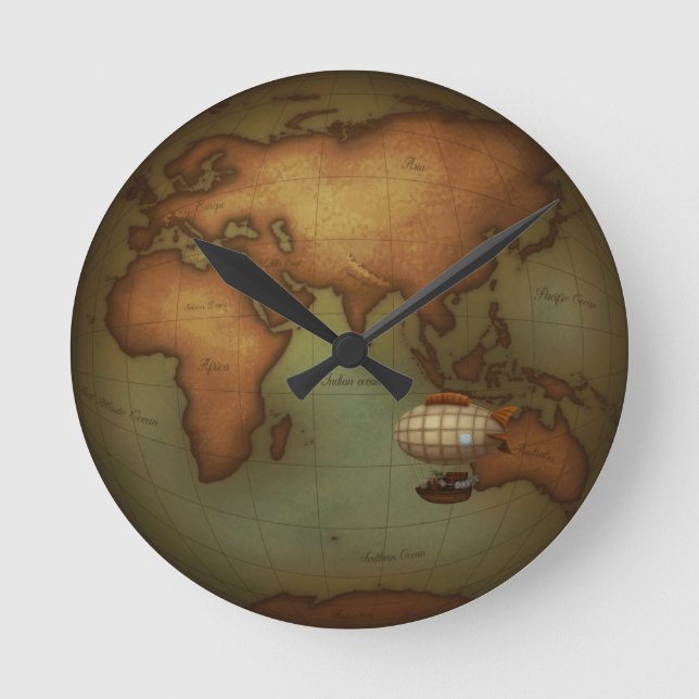 Neo-Viktorianisch Aeronauts Western Hemisphäre Kar Runde Wanduhr (Vorderseite)
