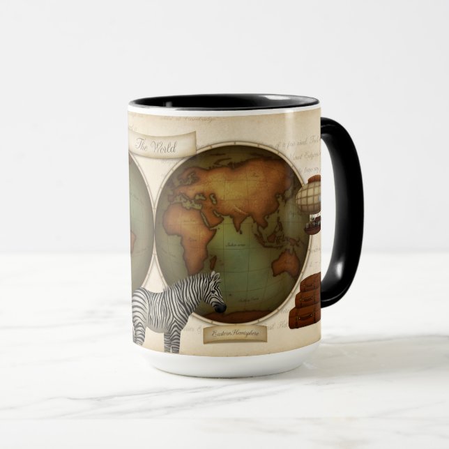 Neo-Viktorianischer Weltreiseratlas Illustriert Tasse (VorderseiteRechts)