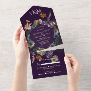 Neoklassische Mondlicht-Blumen-Hochzeit in dunkler All In One Einladung