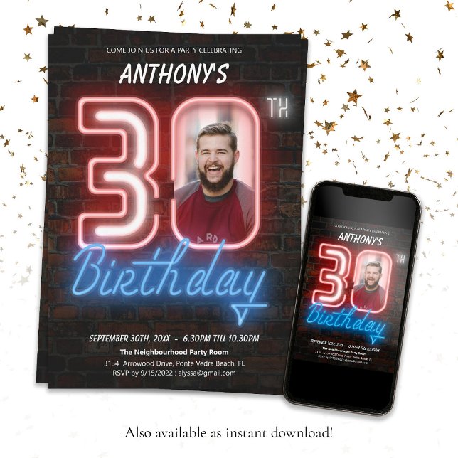 Neon 30. Geburtstag Einladung (30th Birthday 80s Retro Neon Sign Custom Photo Invitation)