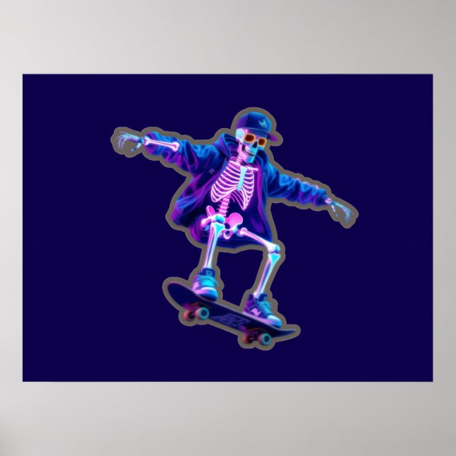 Neon 3D Skeleton Skateboarding – Funny Streetwear  Poster (Vorne)