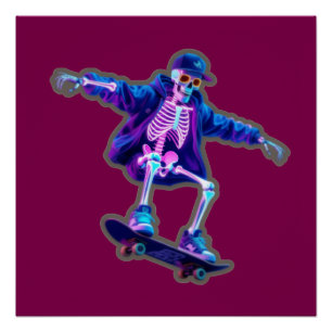 Neon-3D-Skelett-Skateboarding – Lustige Streetwear Poster