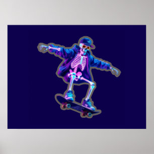 Neon-3D-Skelett-Skateboarding – Lustige Streetwear Poster