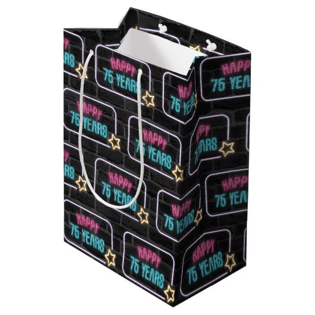 Neon 75th Birthday Sign On Brick Medium Cadeau sac (Dos Angle)