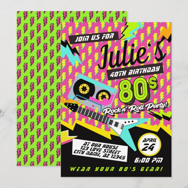Neon 80's Rock n'Roll Anniversaire Fête Invitation (Devant / Derrière)