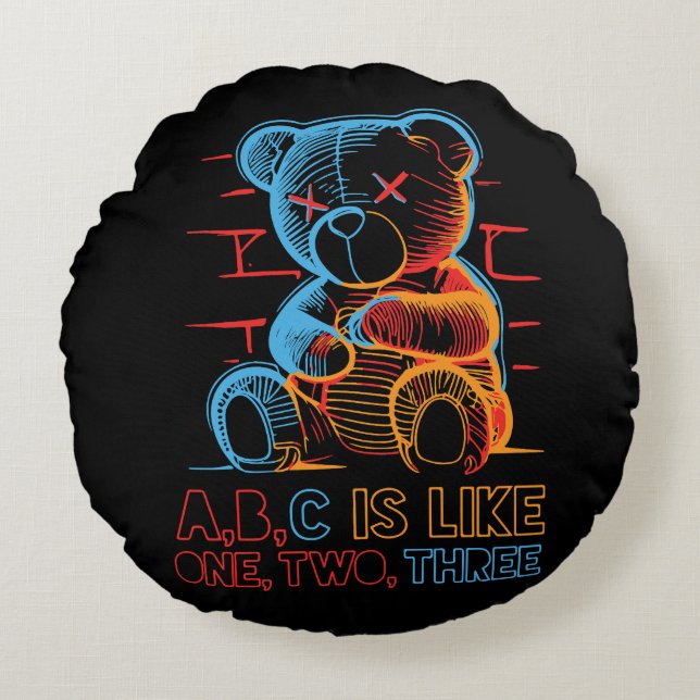Neon ABC Teddy Bear Rundes Kissen (Vorderseite)