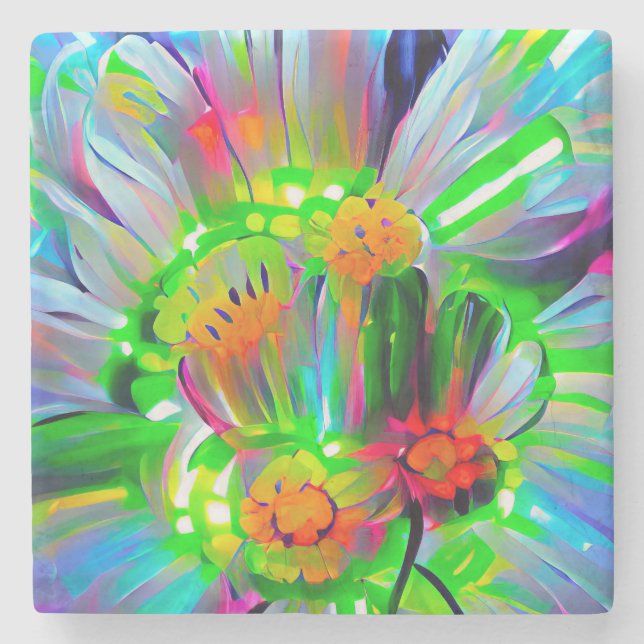 Neon Abstrakt Daisis mit Vivid Colors Steinuntersetzer (Vorderseite)