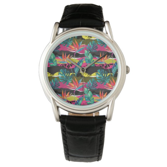 Neon Abstrakt Tropical Texture Pattern Armbanduhr (Vorderseite)