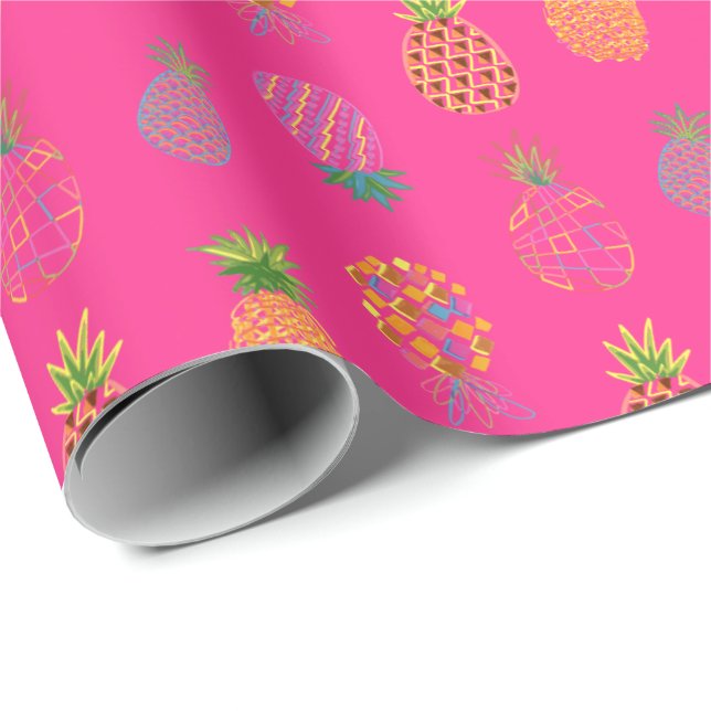 Neon Abstrakte Ananas auf Neon Pink Grund Geschenkpapier (Rolleneckpunkt)