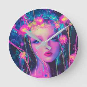 Neon Alien Goddess Runde Wanduhr