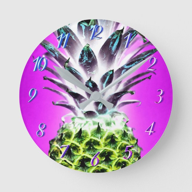 Neon Ananas farbenfrohe tropische Früchte Hawaii Runde Wanduhr (Vorderseite)