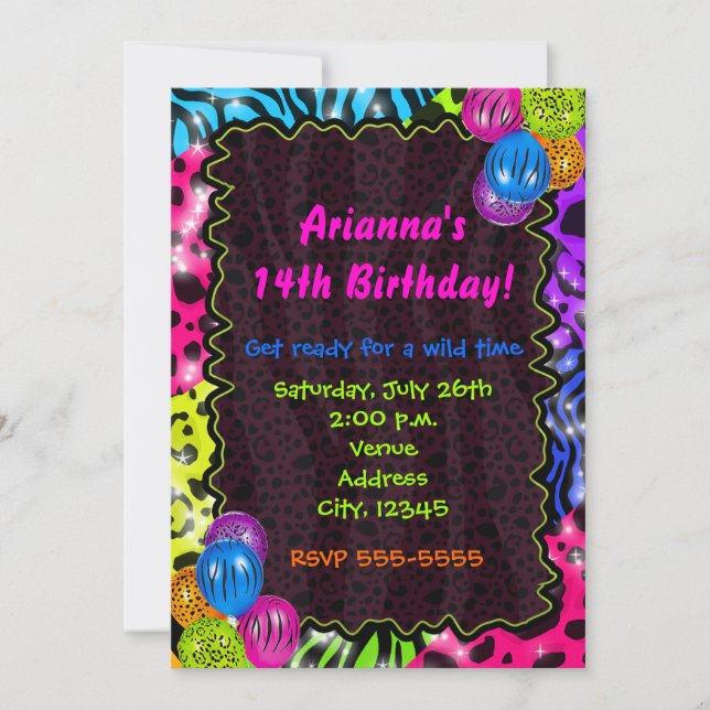 Neon Animal Print Cheetah Leopard Zebra Party Einladung (Vorderseite)