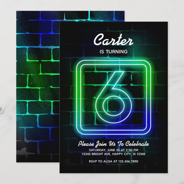 Neon Anniversaire invitation Boy 6e Anniversaire (Devant / Derrière)