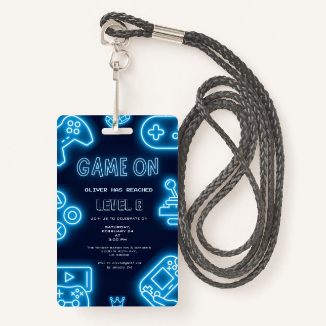 Neon Any year video games birthday invitation Ausweis (Vorderseite mit Schlüsselband)