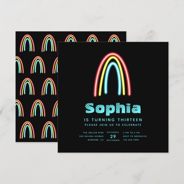 Neon Aquamarin Rainbow Birthday Party Einladung (Vorne/Hinten)