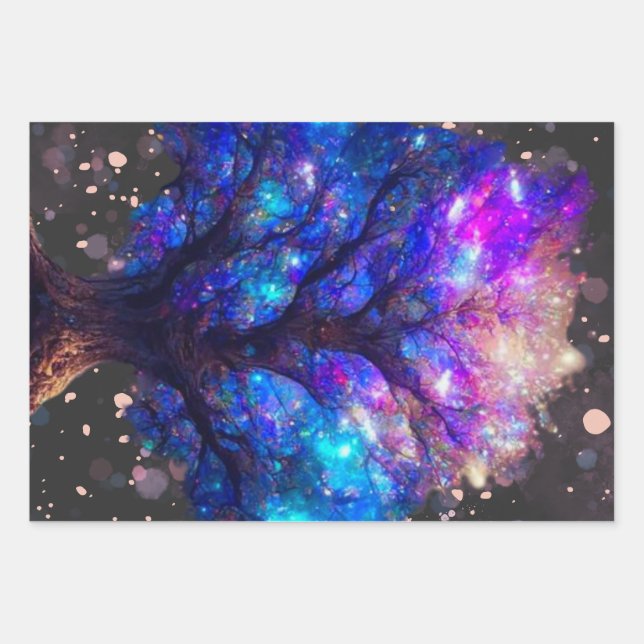 néon arbre de vie enveloppant feuilles de papier (Devant)