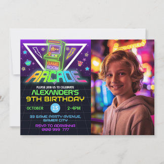 Neon Arcade Foto Birthday Gaming Party Einladung