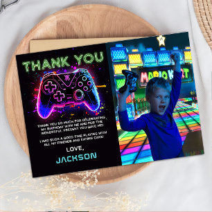 Neon Arcade Jeu Anniversaire Photo Carte de remerc