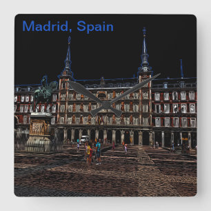 Neon Art of a plaza in Madrid, Spanien Quadratische Wanduhr