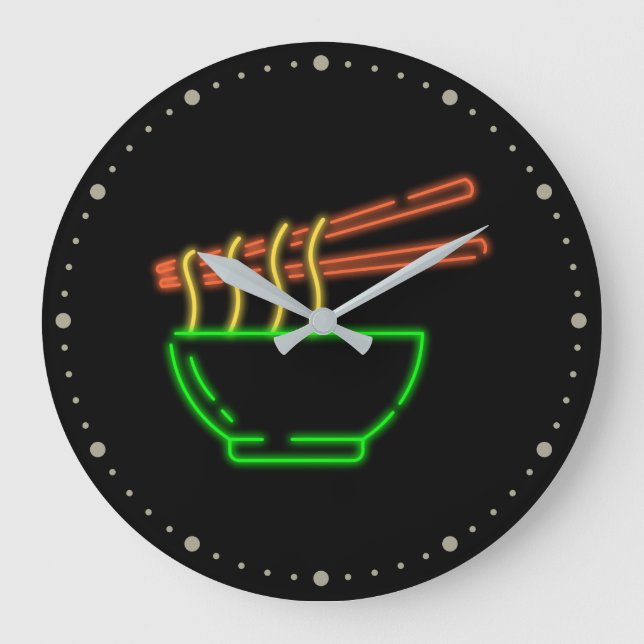 Neon Asian Noodle Bowl Große Wanduhr (Vorderseite)