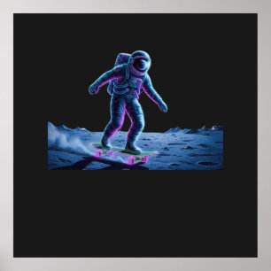 Neon-Astronaut beim Skateboardfahren auf dem Mond Poster