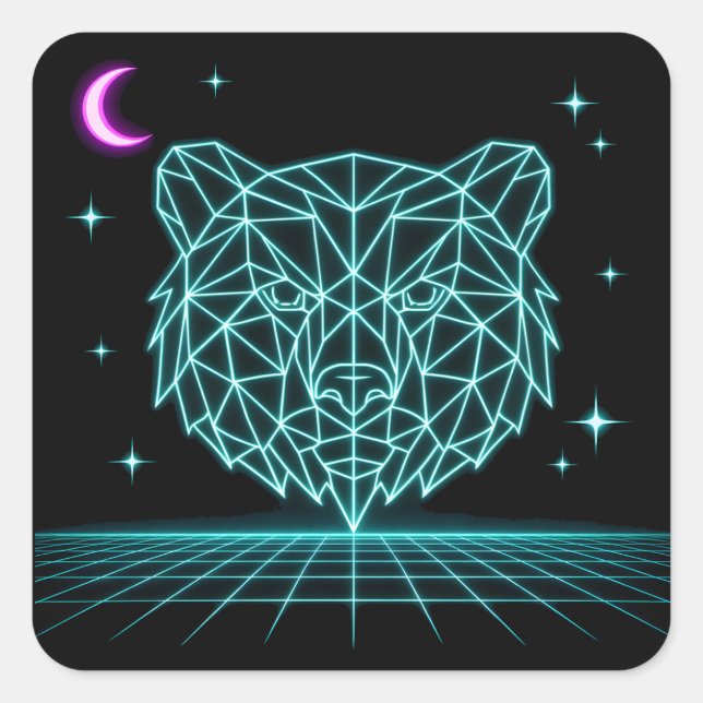 Neon-Bär Synthwave - Retro-Waldtier Quadratischer Aufkleber (Vorderseite)